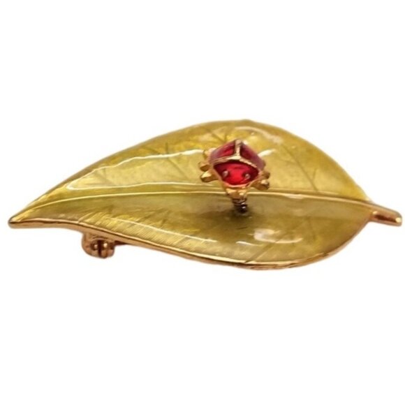 LIA Green Enamel Leaf Lady Bug Trembler Brooch Pin, Signed L72 - Picture 4 of 10